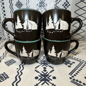 4 Bass Pro Shop CAMPING TENTS TREES Coffee Mugs - Black With Green Trim Ceramic‎